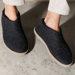 Glerups Shoe Charcoal Wool Slipper With Leather Bottom Men EU 43 US 10 Wom US 12